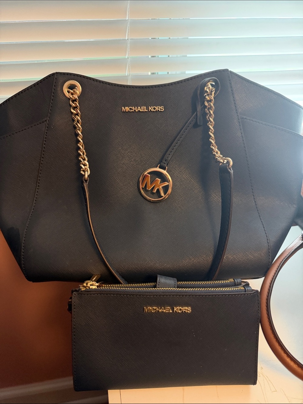 Michael Kors Black Saffiano Tote with Gold Chain Accents